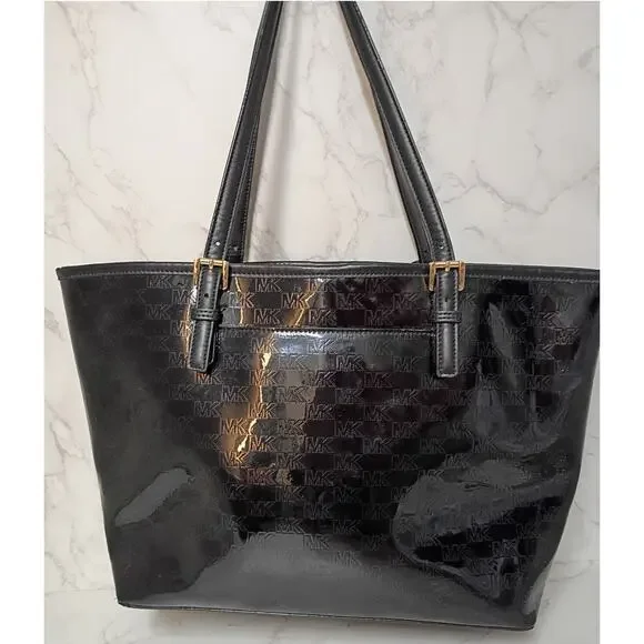 MICHAEL Jet Set Black Patent Leather Embossed Tote - EUC - Picture 2 of 7